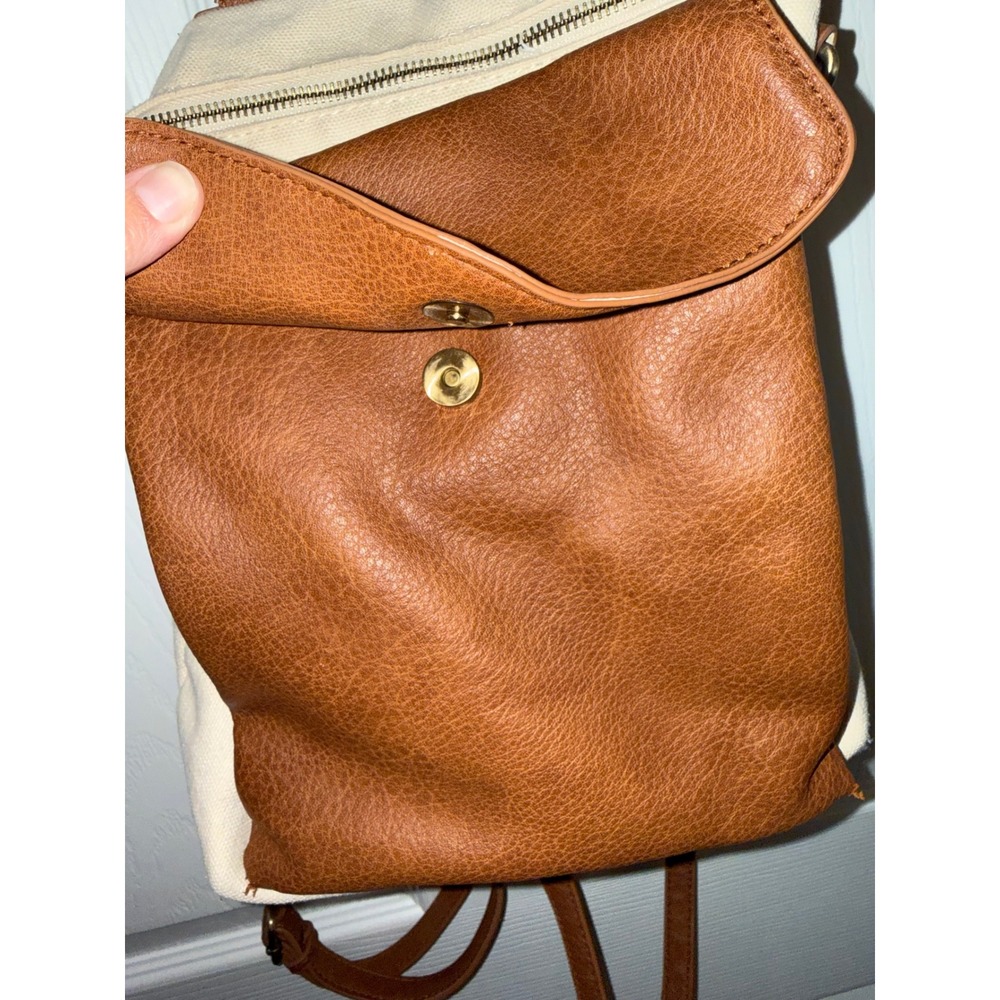Canvas and Faux Leather Mini Backpack Cream Brown Boho Small Rucksack Bag